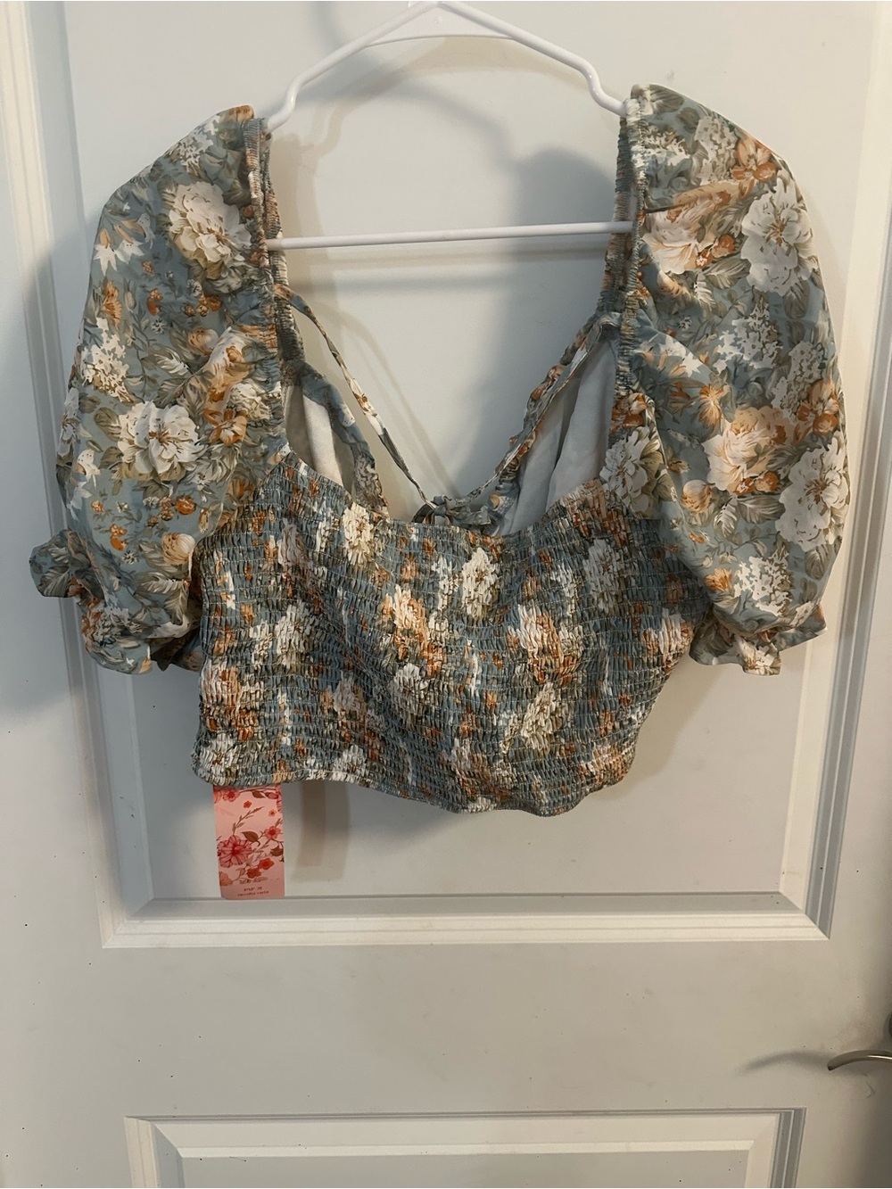 SHEIN Sage Floral Puff-Sleeve Shirred Crop Top
